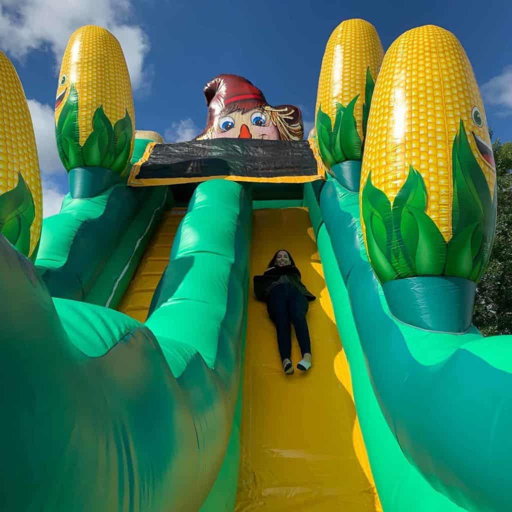 View Scarecrow and Corn inflatable Slide Rental from the Bottom Looking Up